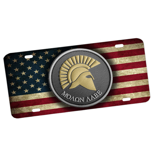 LP-029 License Plate - Distress American Flag Molon Labe Shield Come And Take It