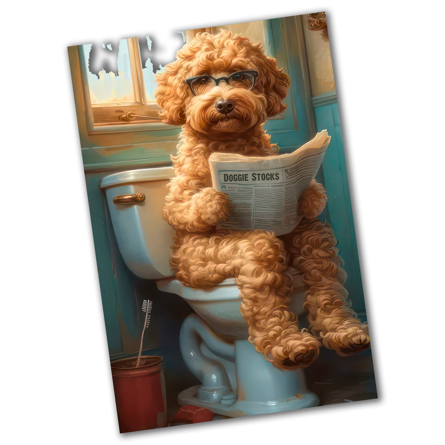 PO-013 Poster - Novelty Dog Reading the Newspaper On The Toilet
