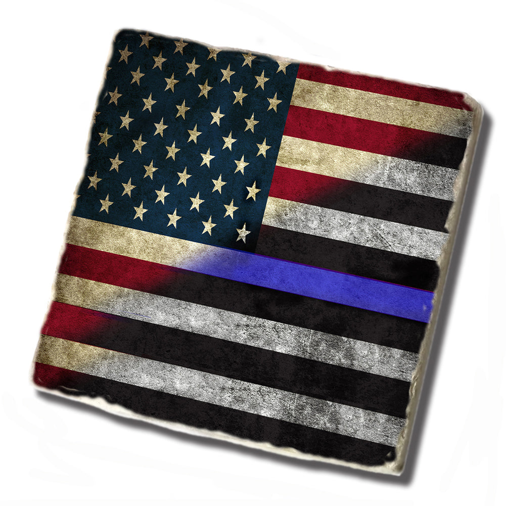 Tile Coaster - Thin Blue Line Red White Blue American Flag for Police Sheriff