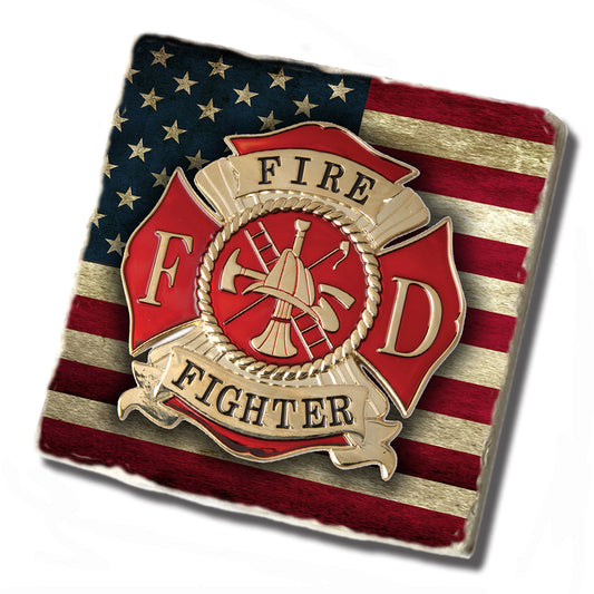 Tile Coaster - Waving American Flag Firefighter Maltese Cross