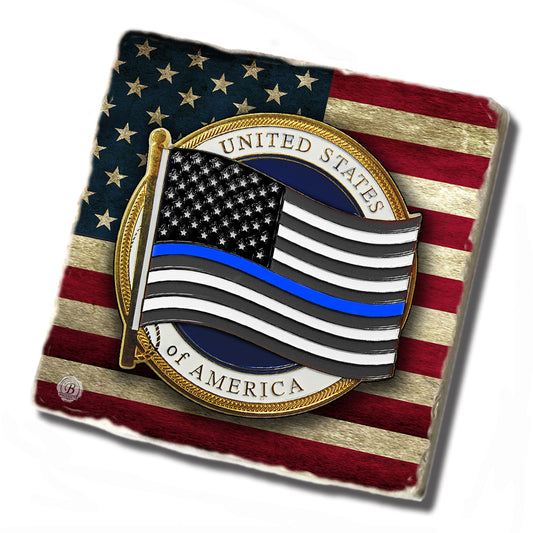 Tile Coaster - American Flag Thin Blue Line Law Enforcement Design