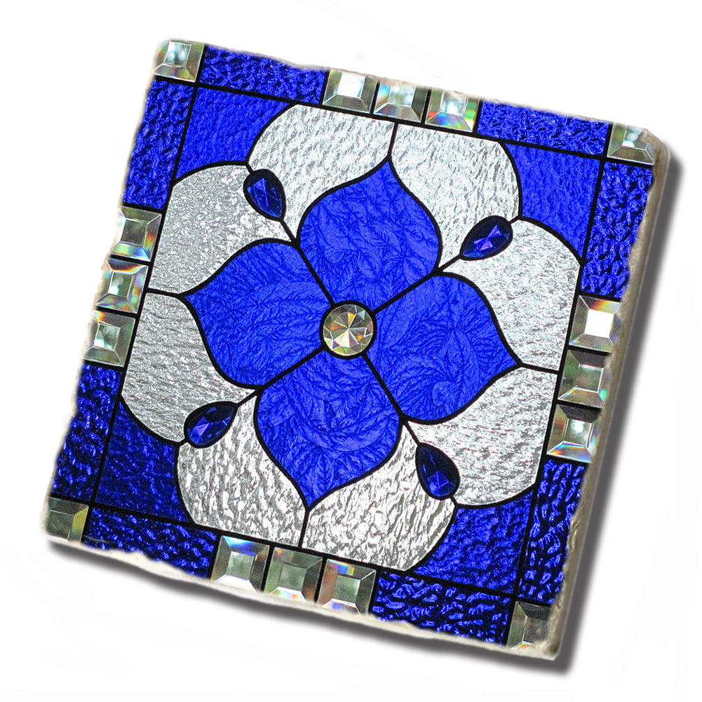 Tile Coaster - Blue White Stain Glass Window Design