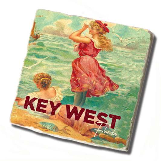 Tile Coaster - Two Girls In The Waves Key West Florida