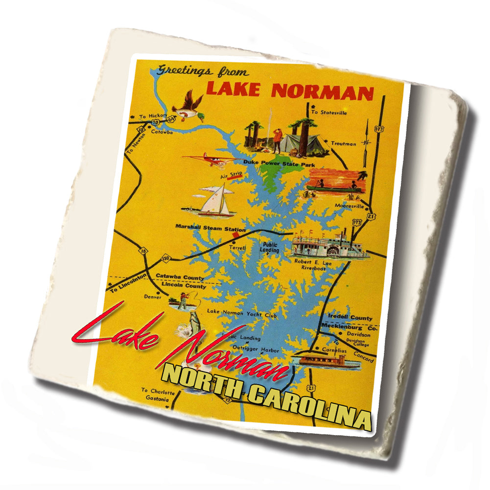 Tile Coaster -  Lake Norman North Carolina Post Card Map Design