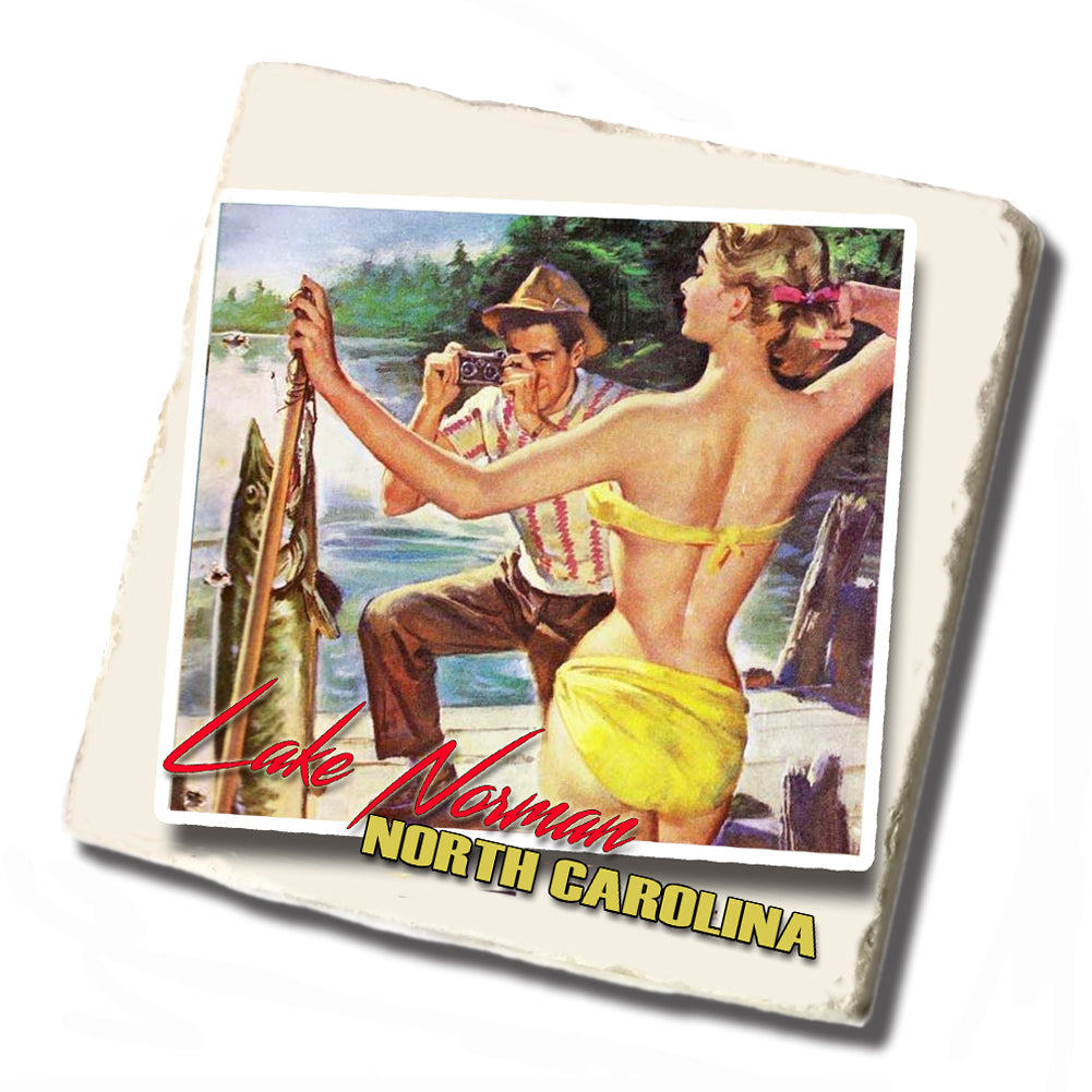 Tile Coaster -  Lake Norman North Carolina Woman With Fish