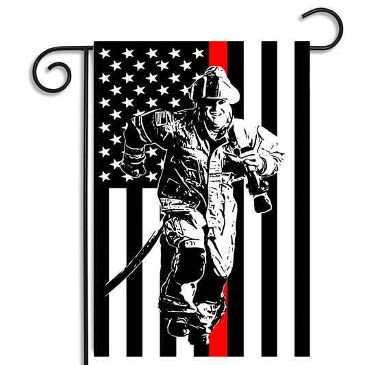 Garden Flag - Firefighters Thin Red Line American Flag Running with Hose