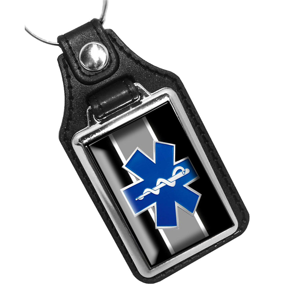 Key Ring - Black Gray Stripes EMS Star of Life Emblem