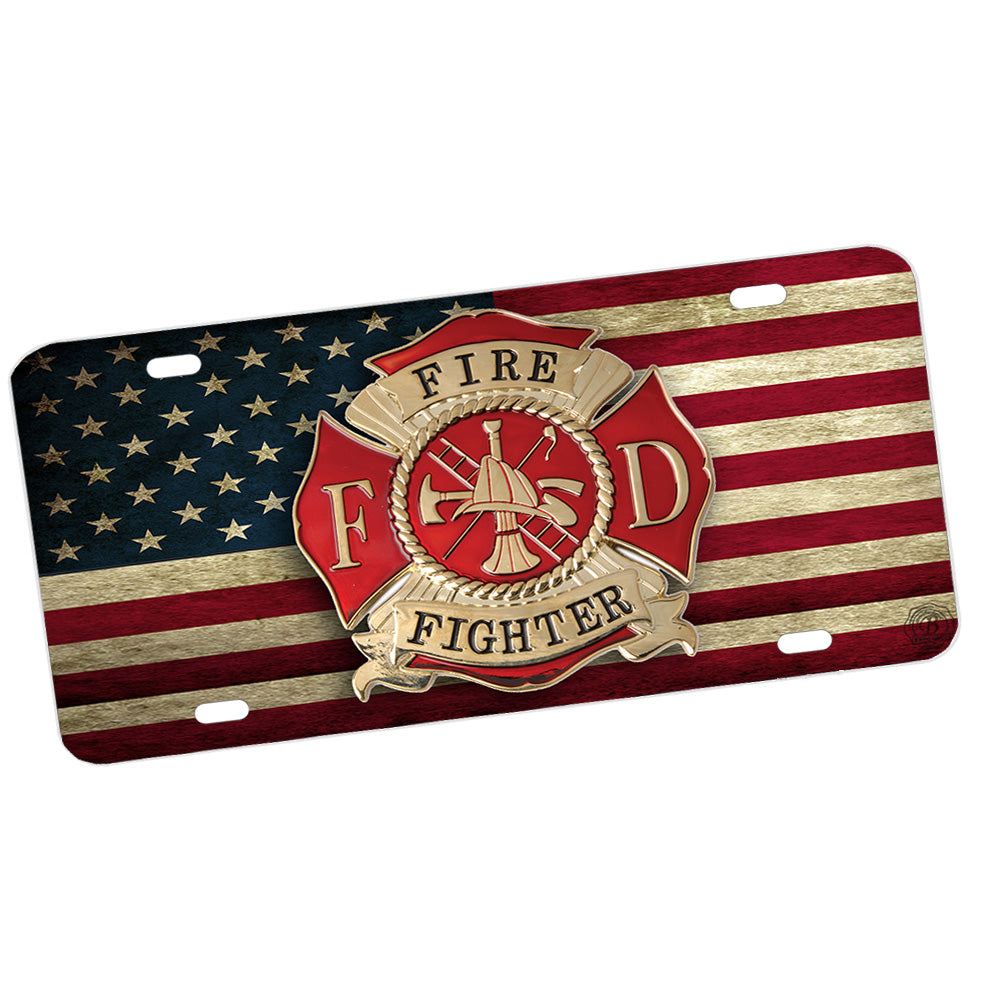 License Plate - Firefighters Maltese Cross with Distressed American Flag