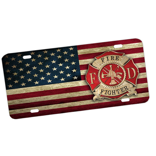 License Plate - Firefighters Maltese Cross on Right with Distressed American Flag