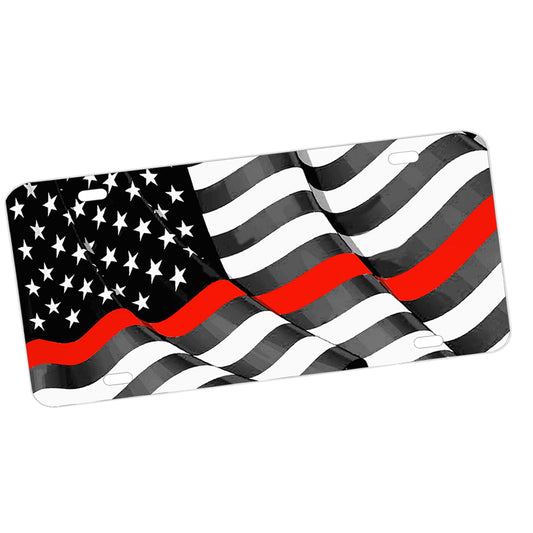 License Plate - Flowing American Flag Thin Red Line Firefighters