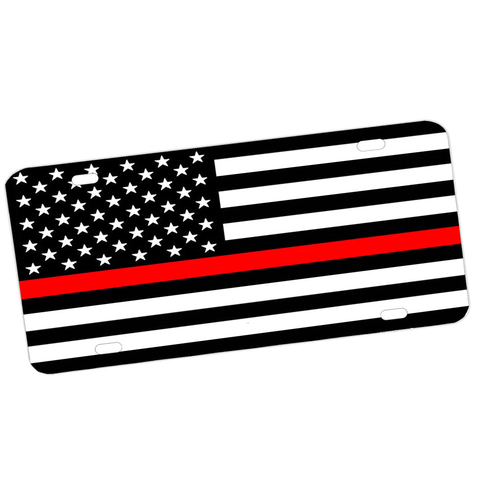 License Plate - Solid Thin Red Line Firefighters American Flag