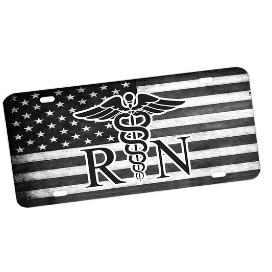 License Plate - Distressed Black White American Flag Registered Nurse