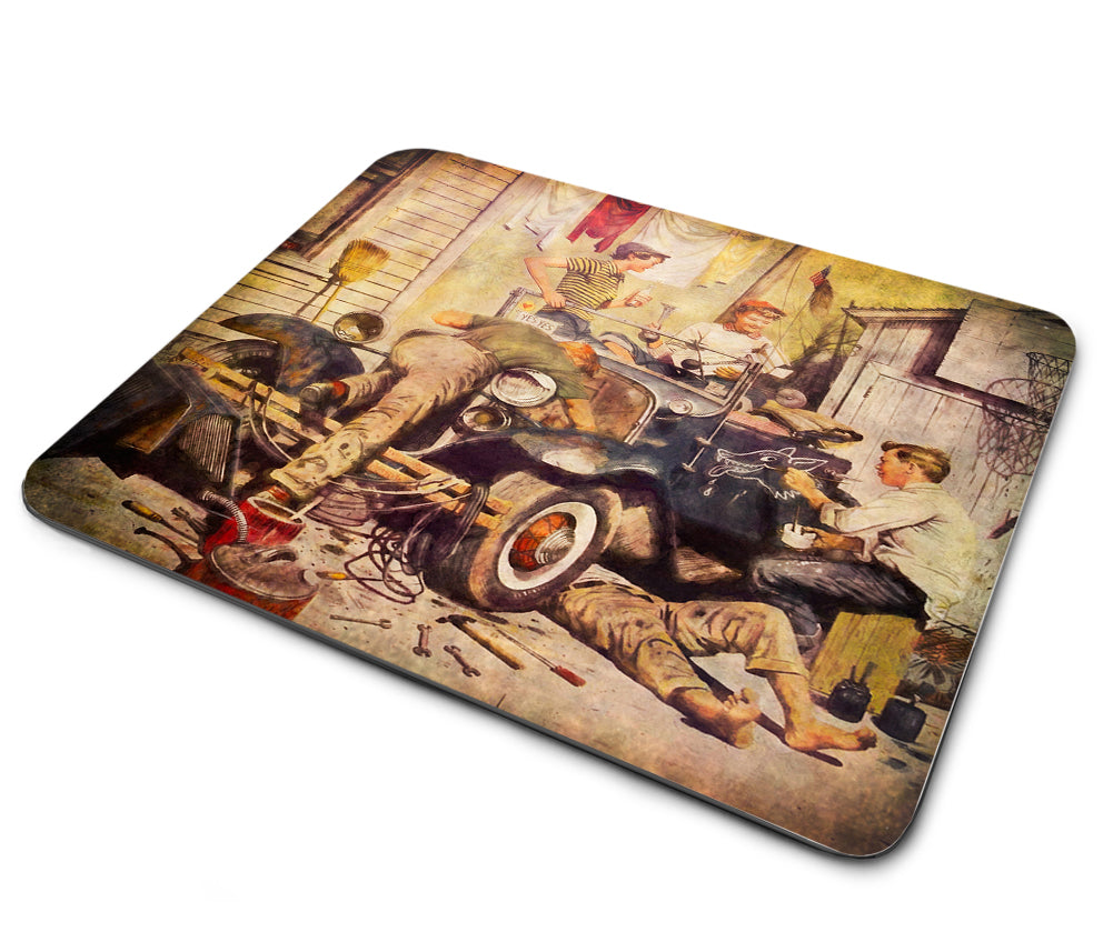 Mouse Pad - Vintage Magazine Cover Boys Working Under The hood of A hot Rod