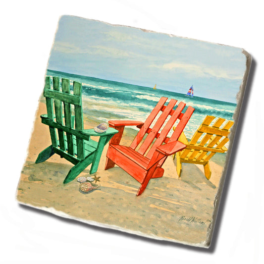 Tile Coaster - Ronald Williams Colorful Adirondack Chairs On The Beach